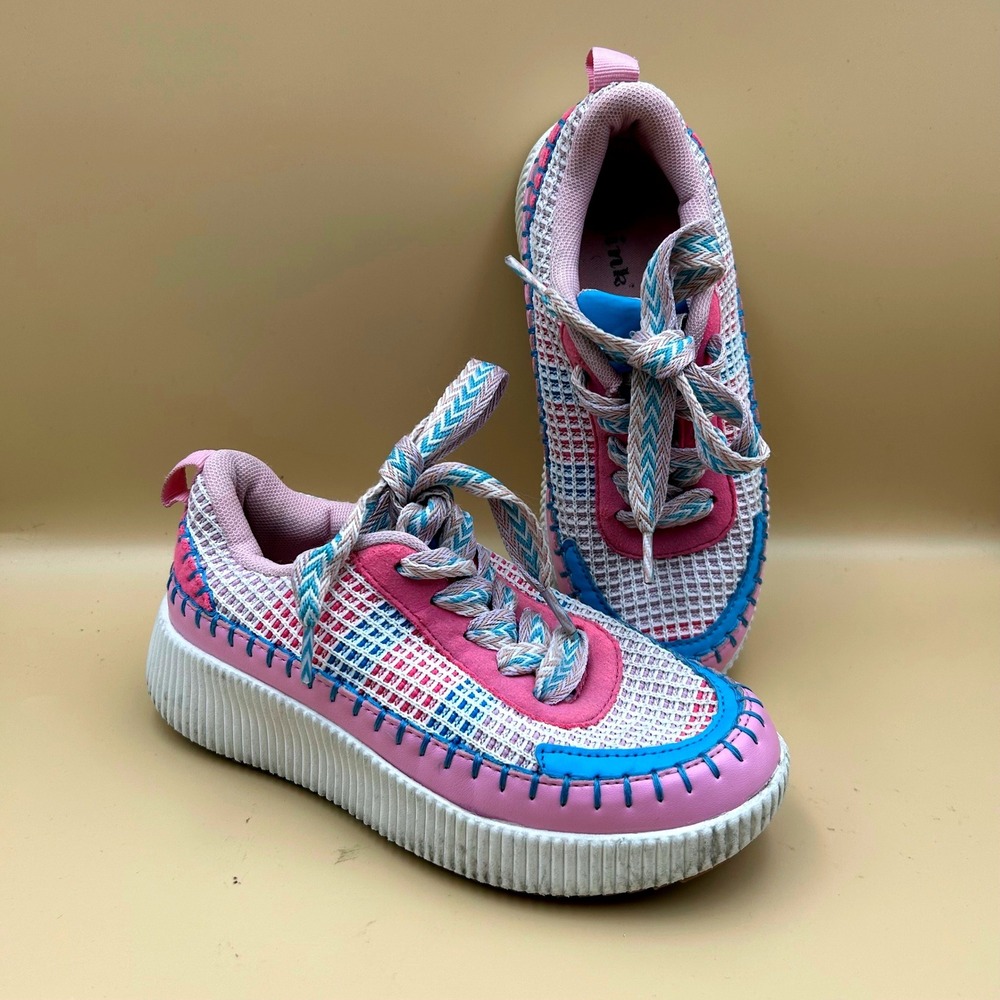 Link Pink Blue Woven Platform Sneakers Whipstitch Lace Up Low Top Shoes Size 3